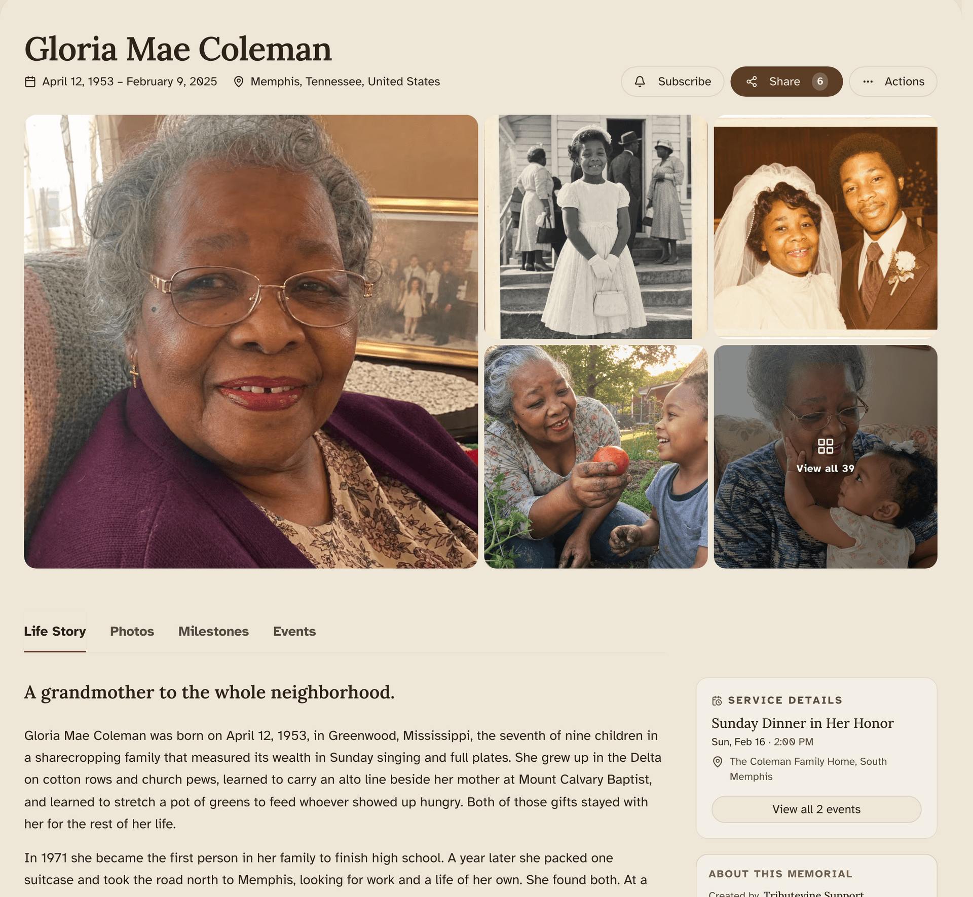 A LoveKept memorial page, with the tribute, photographs, and a guestbook