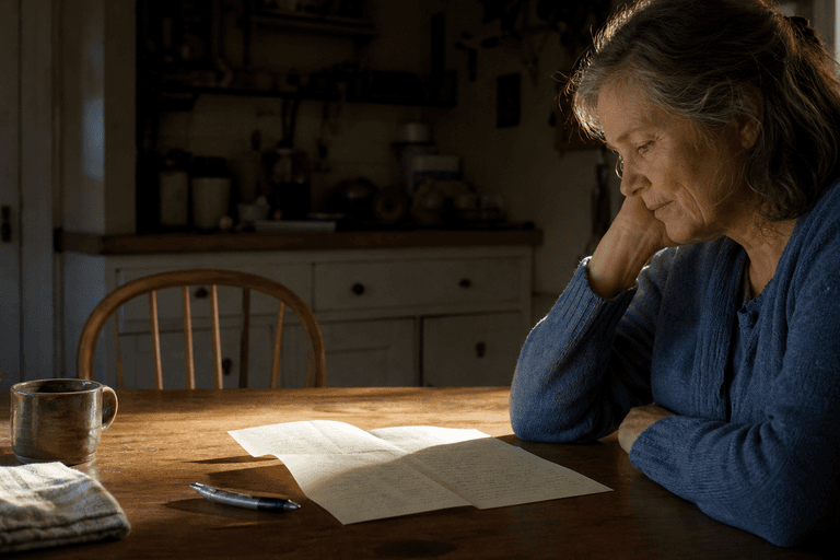 A woman reads a handwritten letter at her kitchen table in late afternoon light