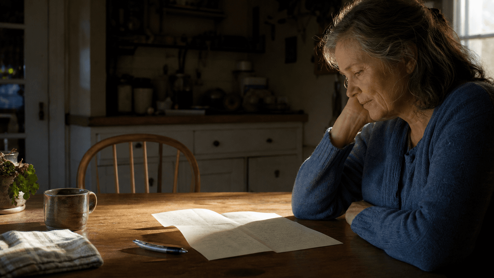 A woman reads a handwritten letter at her kitchen table in late afternoon light