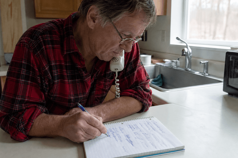 A man at a kitchen counter writes notes on a spiral notepad while on the phone